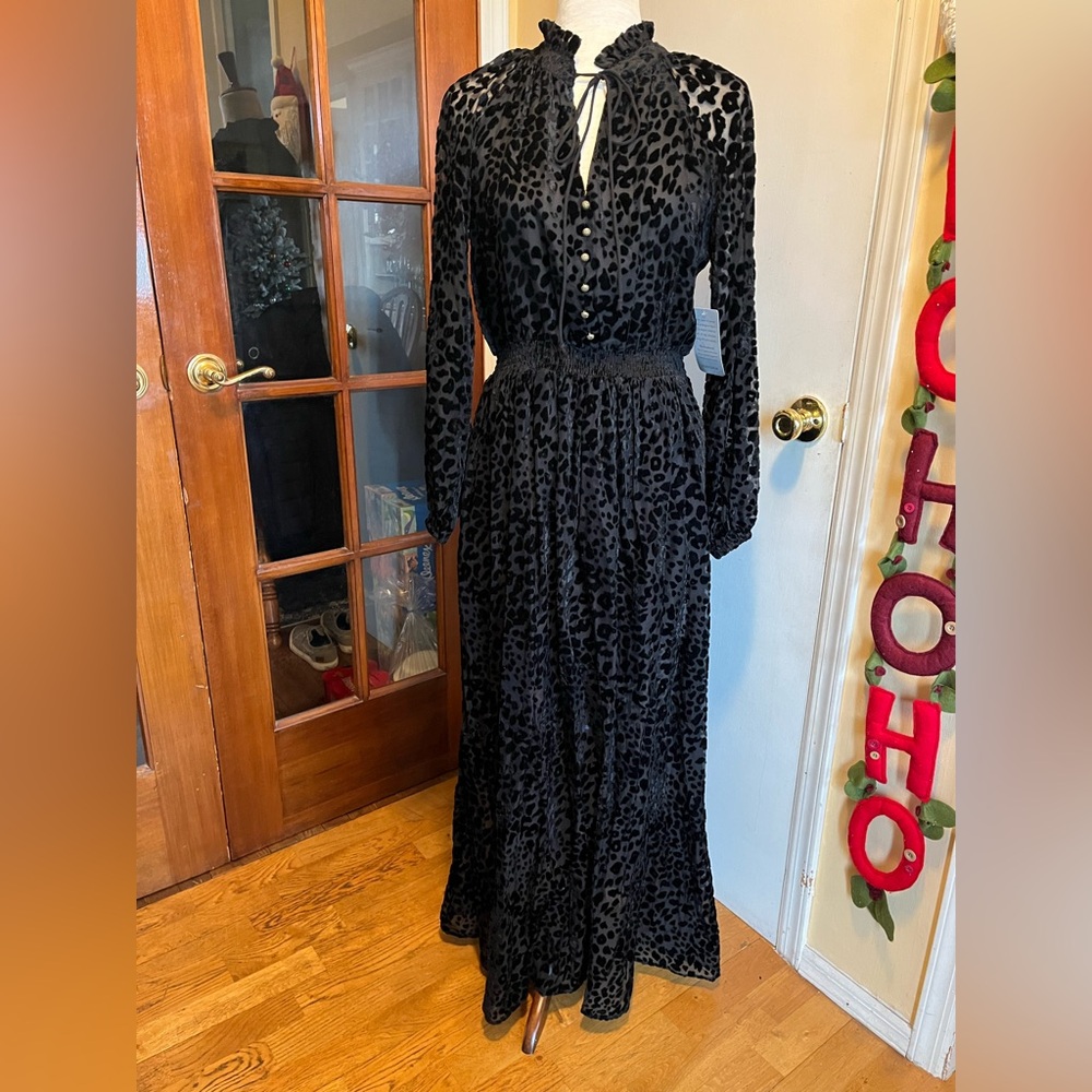 NWT Melloday Black Velvet Leopard Full Length Dress